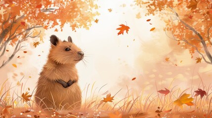  A rodent in a grassy field among trees shedding autumn leaves