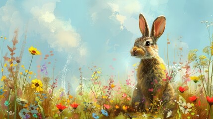 Wall Mural -  A rabbit in a wildflower field painted against a blue backdrop