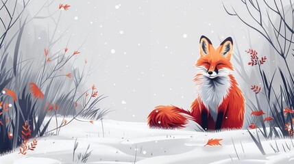 fox sits, trees & bushes nearby, snowfalls