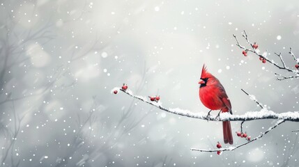 Poster -  A red bird perches on a snow-laden tree branch, bearing berries