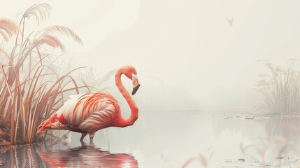  A pink flamingo wades in a water body, surrounded by reeds up front In the backdrop, a bird takes flight