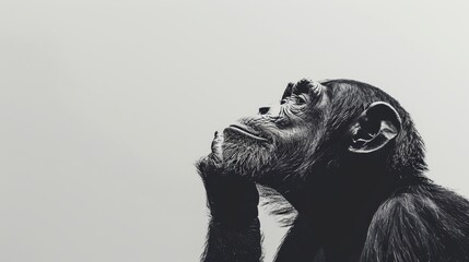 Wall Mural -  A chimpanzee gazes up at the sky in this monochrome image, its head cradled in its hands