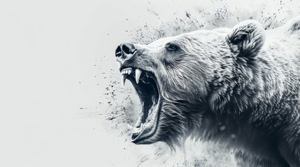 Wall Mural -  A black-and-white image of a bear with its mouth agape