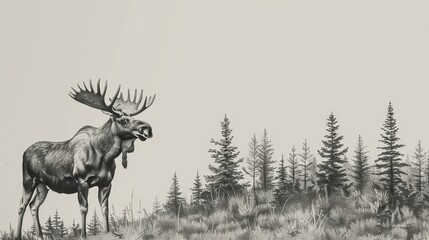  A monochrome image of a moose, adorned with antlers, posing before a forest backdrop