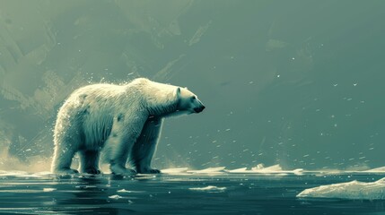 Wall Mural -  A large white polar bear atop a water body, near icebergs and snow-capped mountains