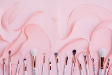 Wall Mural - Make up artist brushes set on pink background top view, flat lay. Beauty shop banner mockup.