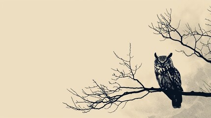 Poster -  A monochrome image of an owl perched on a leafless tree branch against a gray backdrop