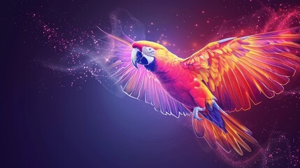 Wall Mural -  A colorful bird flies in the air with sprawled wings against a backdrop of twinkling stars
