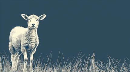 Wall Mural -  A monochrome image of a sheep grazing in a field of tall grass; the backdrop is a clear, blue sky