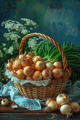 Poster - onions in a wicker basket. Selective focus