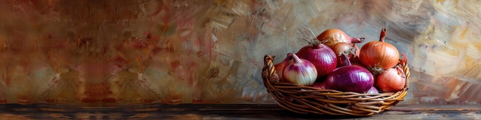 Wall Mural - onions in a wicker basket. Selective focus