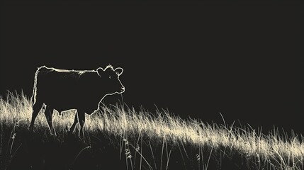 Wall Mural -  A monochrome image of a cow in lush, tall grass; the backdrop is ominous with a darkened sky