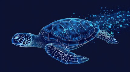 Wall Mural -  A sea turtle drawing emerges from the water, displaying bubbles at its back and its head above the surface