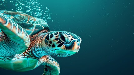 Wall Mural -  A close-up of a sea turtle in the water, with bubbles escaping from its back and its head peeking above the water's surface