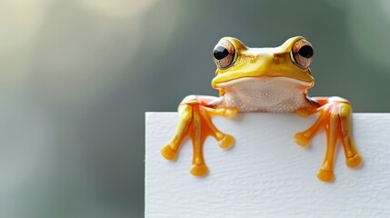 Wall Mural -  A yellow frog sits atop a white sheet of paper with a black circle for an eye