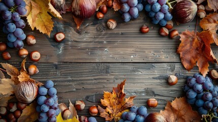 Wall Mural - Autumn themed message on wooden surface with hazelnuts and grapes Creative fall harvest idea