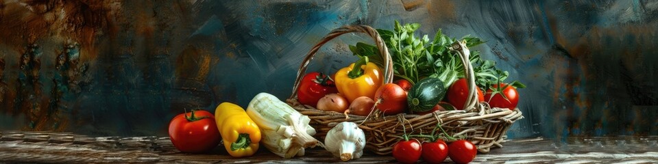 Poster - fresh vegetables in a wicker basket. Selective focus