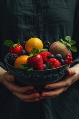 Wall Mural - in his hands a plate with berries and fruits. Selective focus