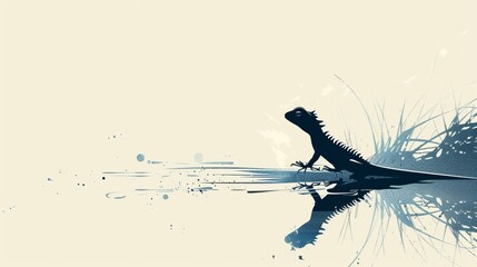 Canvas Print -  A silhouetted lizard atop the water's surface; reflection of its head in the mirror-like expanse below