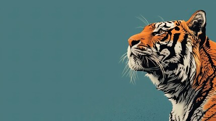Wall Mural -  A tight shot of a tiger's face against a blue backdrop with a circular white mark in the picture's center