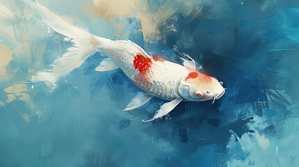 Wall Mural -  A Koi fish with a scarlet marking on its lower belly swims in a vast expanse of azure water