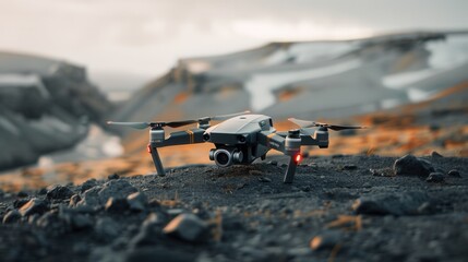 A sleek, modern drone sits on a rocky surface, poised to capture stunning aerial photos and videos of the surrounding landscape. Generative AI