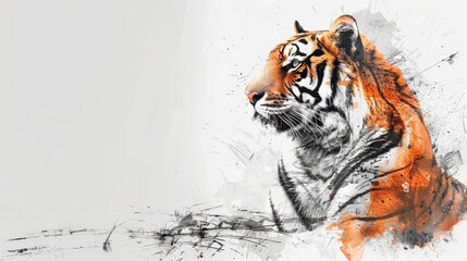 Wall Mural - Sitting atop a pristine white backdrop, the feline is adorned with black and orange paint splatters