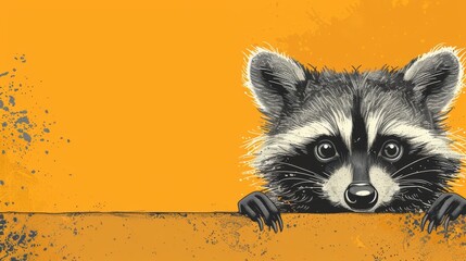Wall Mural -  A raccoon, poised atop a wall, gazes at the camera with one paw delicately resting on the edge