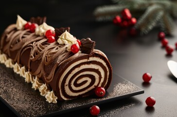Wall Mural - delicious chocolate yule log cake with cream and cherries