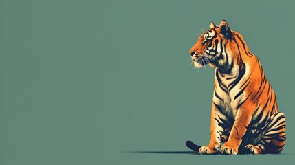 Wall Mural -  A tiger, facing sideways and gazing at the camera, sits before a green backdrop
