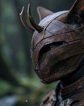 Detailed close-up of a futuristic warrior helmet