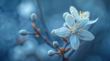 Wall Mural -  A flower in focus on a branch against a backdrop of softly blurred lights, followed by a blue expanse of sky