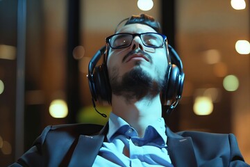 Wall Mural - A man in glasses and headphones is relaxing.