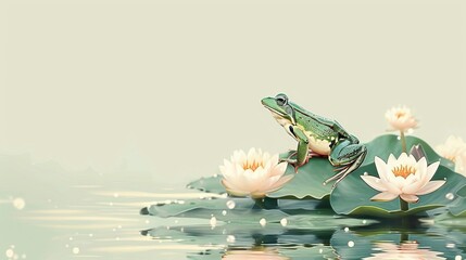 Wall Mural -  A frog sits atop a lily pad floating on a body of water surrounded by more lily pads