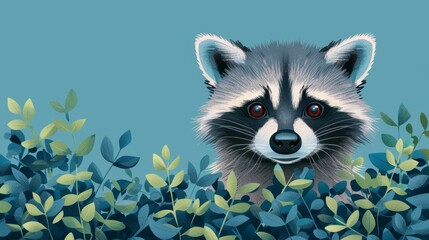 Canvas Print -  A raccoon peeks from bush leaves against a blue sky backdrop