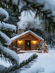 Sticker - cozy winter cabin in snowy forest