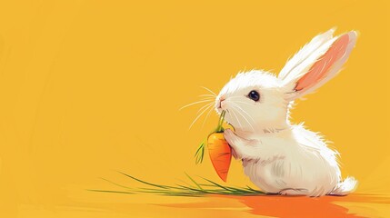 Canvas Print -  A painting of a rabbit holding a carrot in its mouth, seated on a yellow base against a yellow background