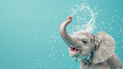  A baby elephant happily plays in the water, its trunk upright, head above surface