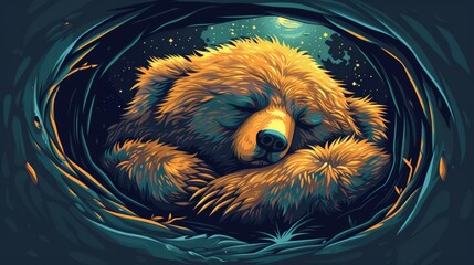 Wall Mural -  A brown bear slumbers in a cave, eyes concealed, head reclined on the earth