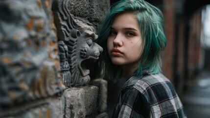 Sticker - young woman with dyed green hair leaning against stone wall