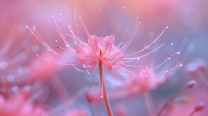 Wall Mural -  A tight shot of a pink bloom, adorned with beads of water on its petals, against a softly blurred backdrop