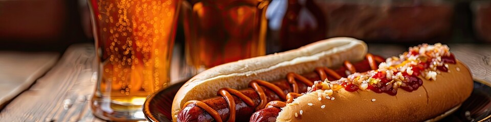 Poster - hot dog with beer on the table. Selective focus