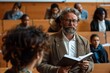 © LifeMedia - An elderly professor with grey hair and glasses, holding a book, engages with students in an academic setting, embodying the spirit of lifelong learning and mentorship.