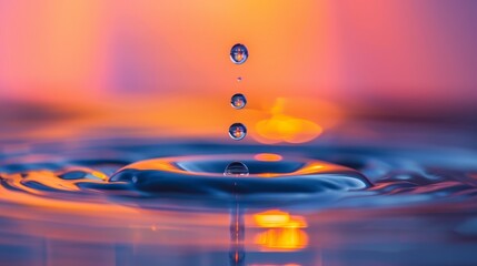 Wall Mural -  Close-up of a water droplet on a surface, orange and blue lights casting hues in background, water droplets also present on the surface