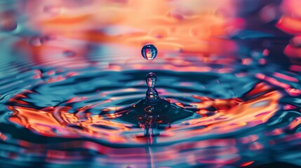 Poster -  A tight shot of a water droplet above a still pool, framed by a multihued sky