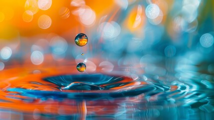 Poster -  A tight shot of a water droplet on a textured surface, backdrop softly blurred in hues of orange, blue, and yellow