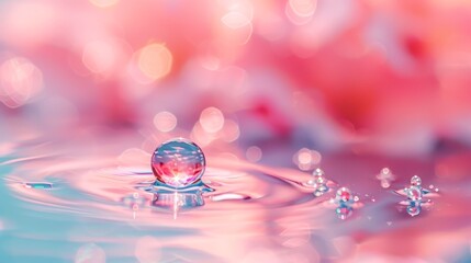 Wall Mural -  A tight shot of a water droplet hovering above surface-level water, surrounded by pink and blue background lights
