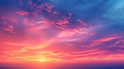 Wall Mural -  The sun sets over the ocean, painting a pink and blue sky with wispy clouds A solitary boat lies in the foreground