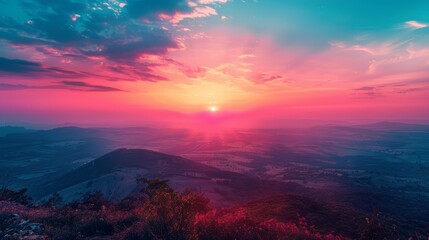 Wall Mural -  The sun sets over mountains, painting a pink and blue sky in the background, while a mirroring pink and blue foreground reflects the scene