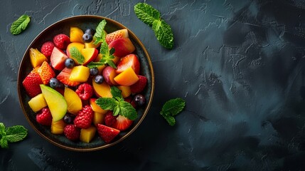 Wall Mural - A vibrant array of fruits against a dark stone backdrop Top view, from above Inscribe below